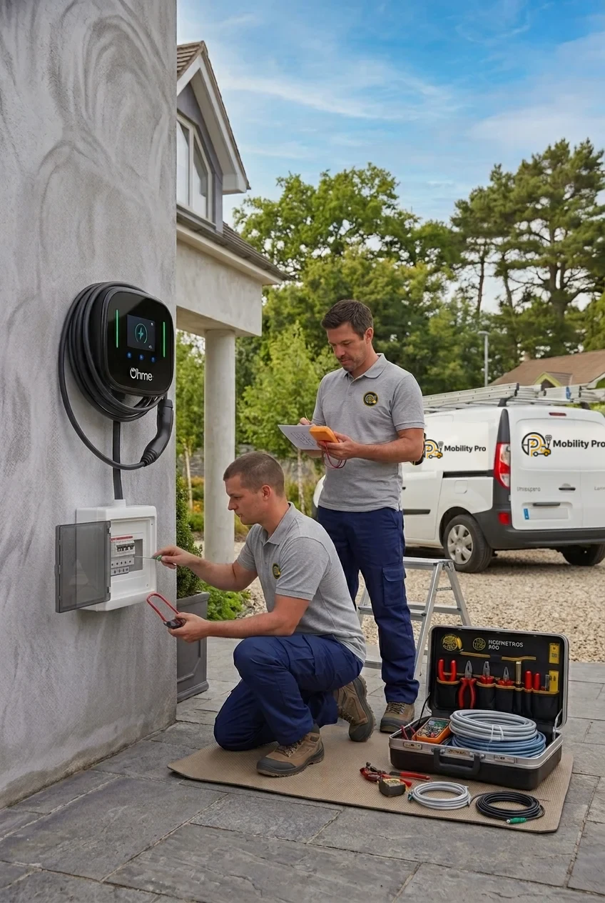 Dos técnicos de Mobility Pro instalando un cargador Ohme para auto eléctrico en la pared de una casa, con la camioneta de la empresa